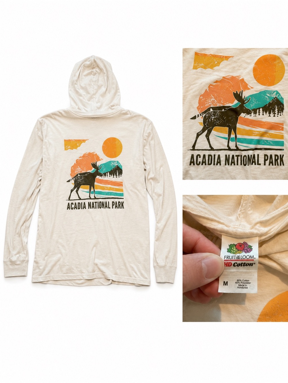 Fruit of the Loom Cream Acadia National Park Graphic Hooded Tee